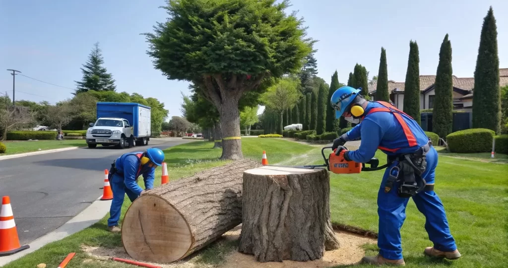 Two Uniformed Workers Safely Removing A Large Tree In Fremont, Ca
