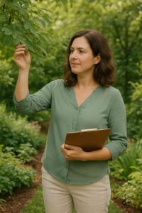 Alicia, Plant Health Care Specialist inspecting tree foliage