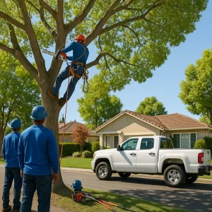 Tree Trimming Expert Working In A Tree While Team Assists From The Ground In Fremont, Ca