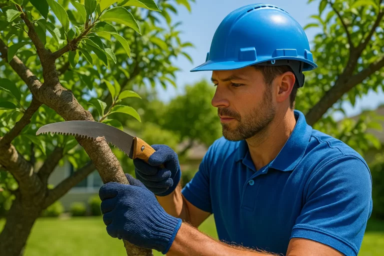 Professional Arborist In Blue Uniform Pruning A Fruit Tree In A Fremont Backyard