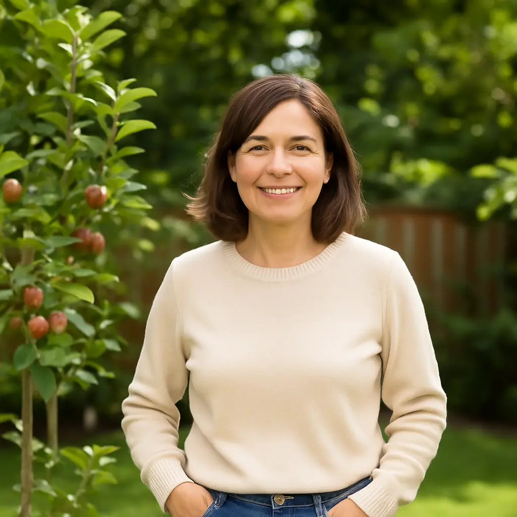 Friendly Woman Standing By Apple Tree In Sunny Backyard