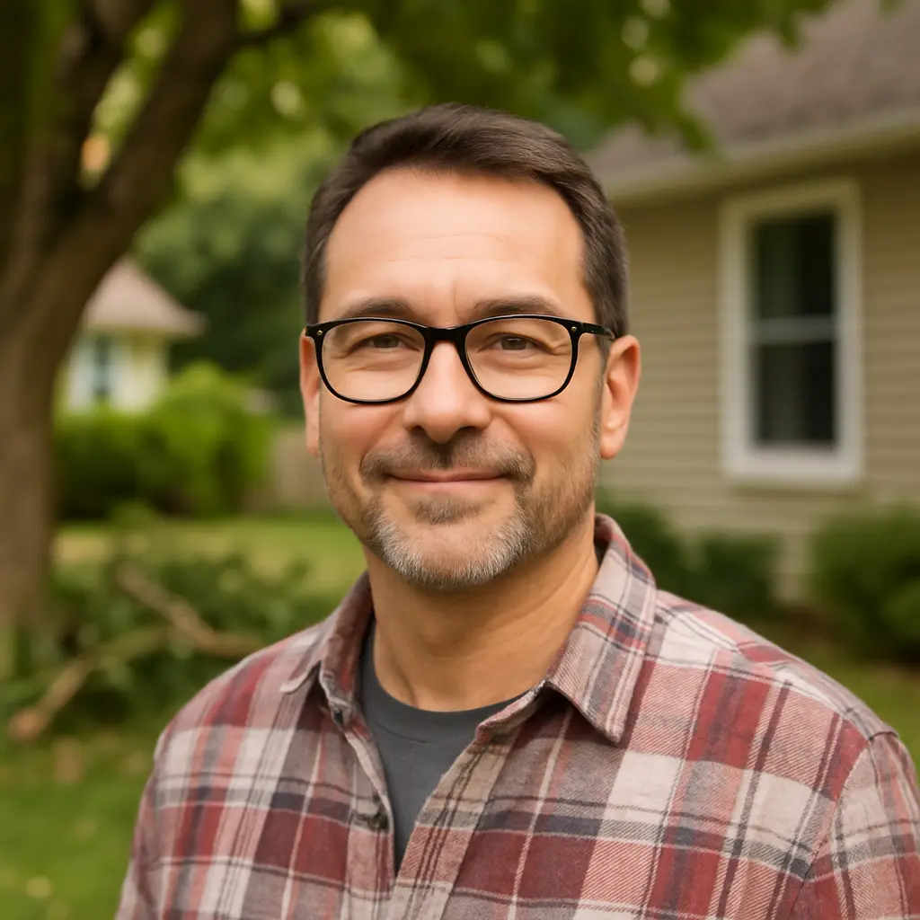 Man With Glasses By Trimmed Tree