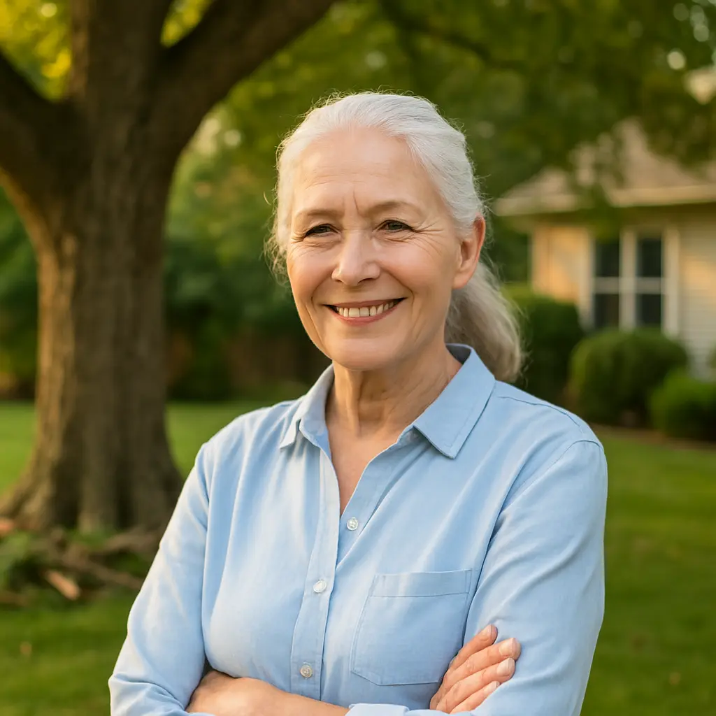 Proud Woman In Front Of Trimmed Oak Tree
