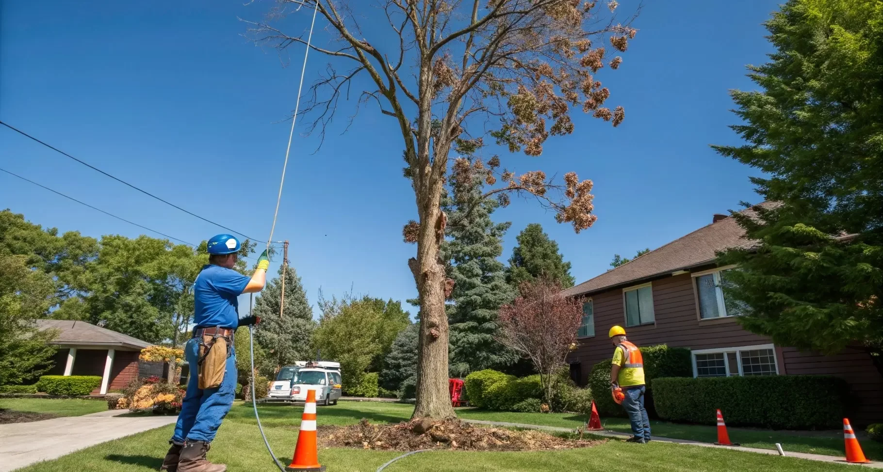 Worker Removing A Dead Or Diseased Tree From A Residential Yard