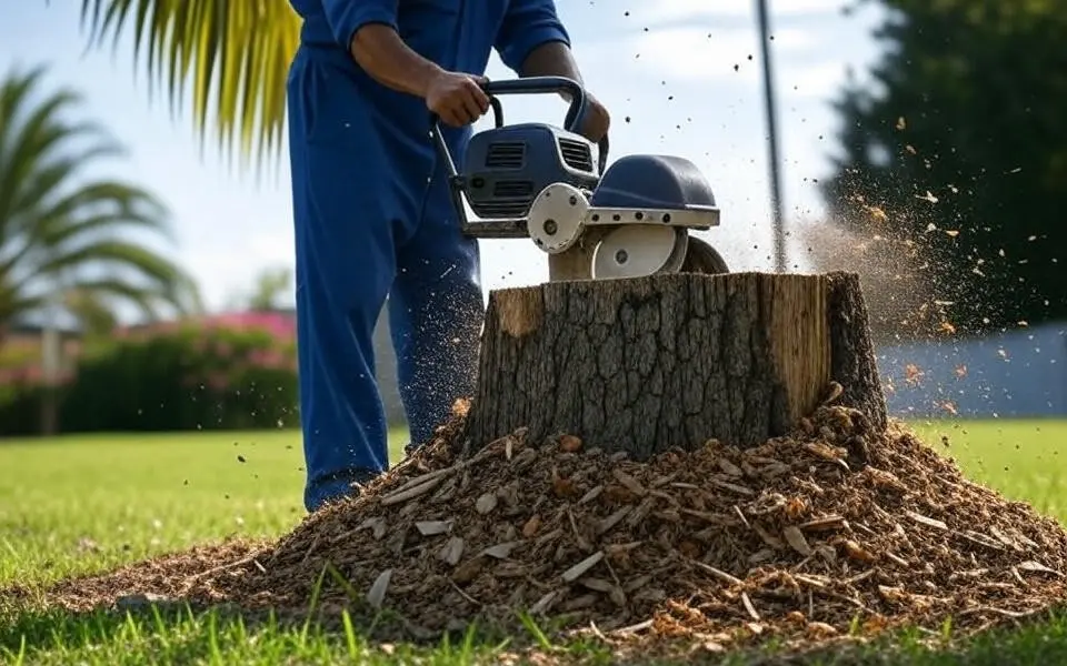 Worker In Blue Uniform Grinding A Large Tree Stump In A Suburban Yard In Fremont, Ca
