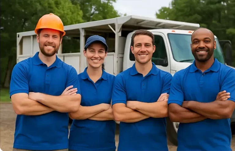Home 1 Team Of Tree Service Professionals In Blue Uniforms Standing In Front Of A White Service Truck In Fremont.