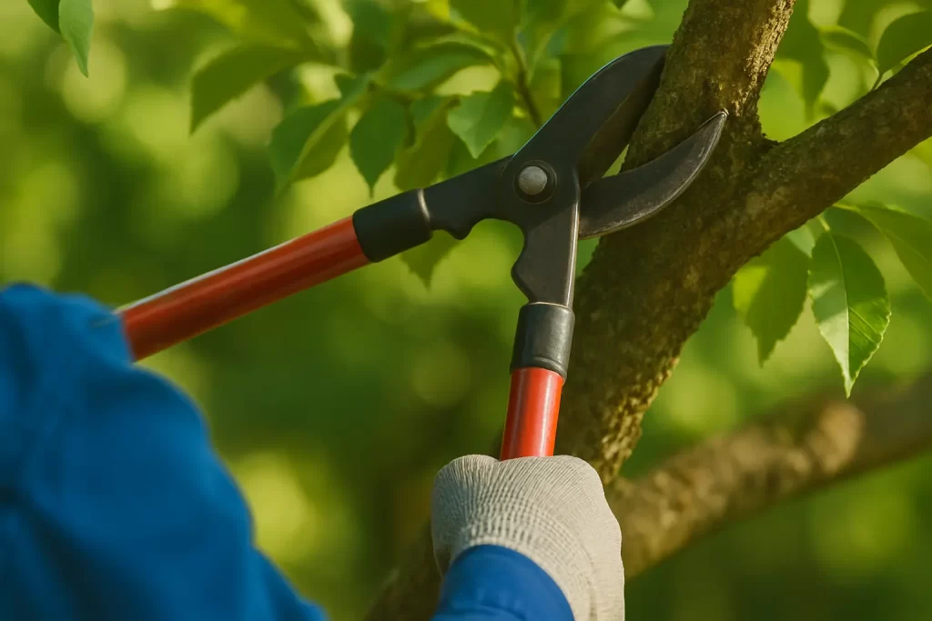 Close-up of an arborist trimming a tree branch using pruning shears