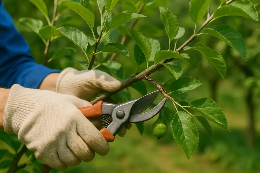 Close-Up Of Hands Using Pruning Shears To Trim A Fruit Tree Branch In Daylight.