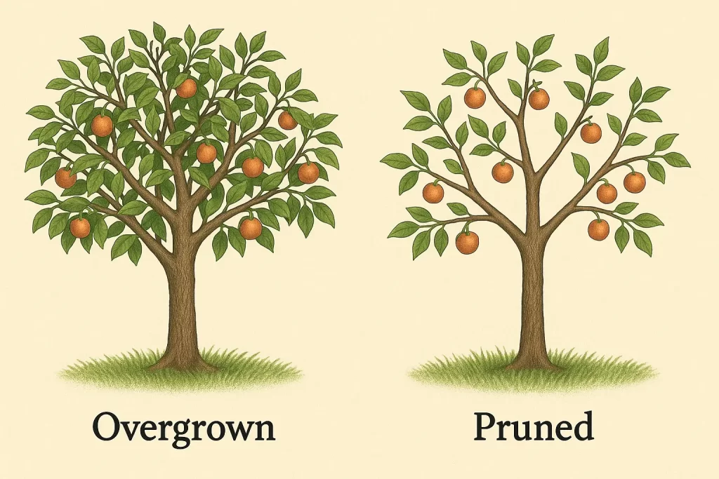 Before and after pruning a fruit tree showing improved health and structure