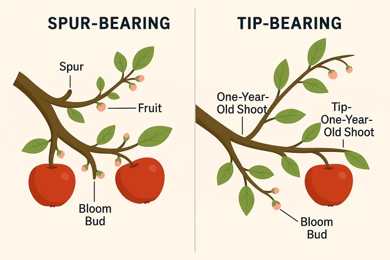 Illustration comparing spur-bearing and tip-bearing apple trees with pruning guidance for each type.