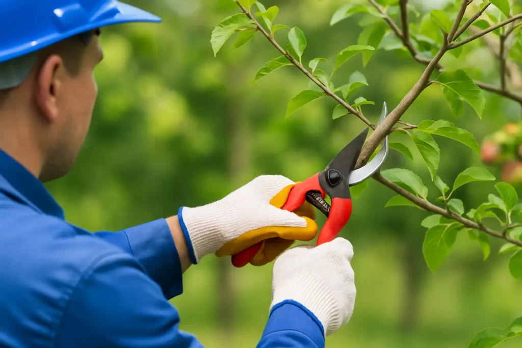 Certified arborist in blue uniform trimming a deciduous tree in spring with pruning shears