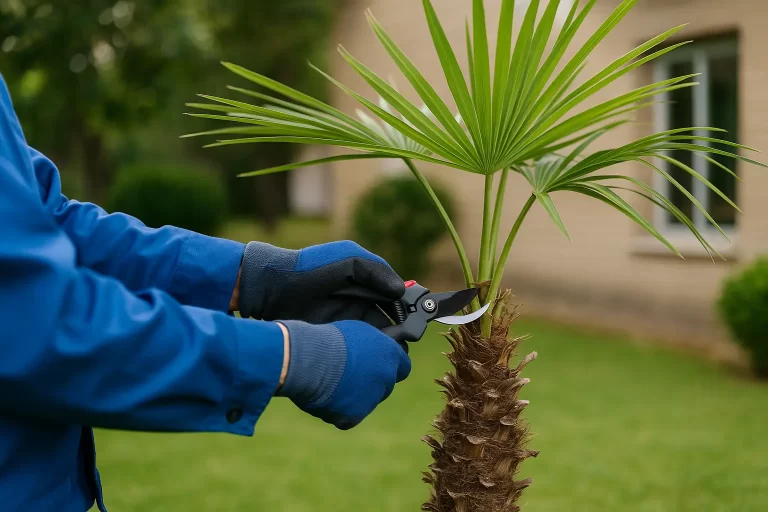 Arborist carefully trimming a young 3-year-old palm tree to keep its natural shape