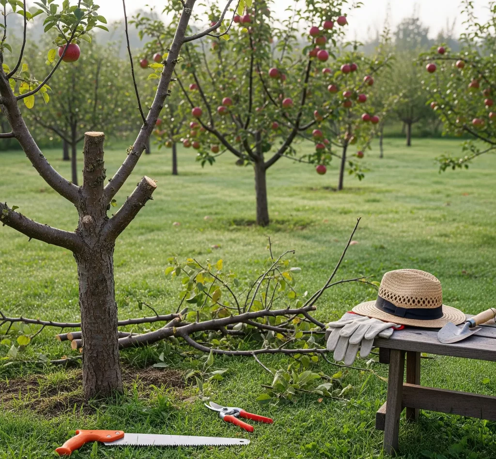 Recently pruned apple tree with gardening tools including pruning saw, gloves, and sun hat placed on a bench.