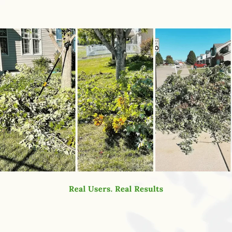 Collage of customer reviews showing positive experiences using the Fiskars pole saw and pruner for trimming high tree branches.