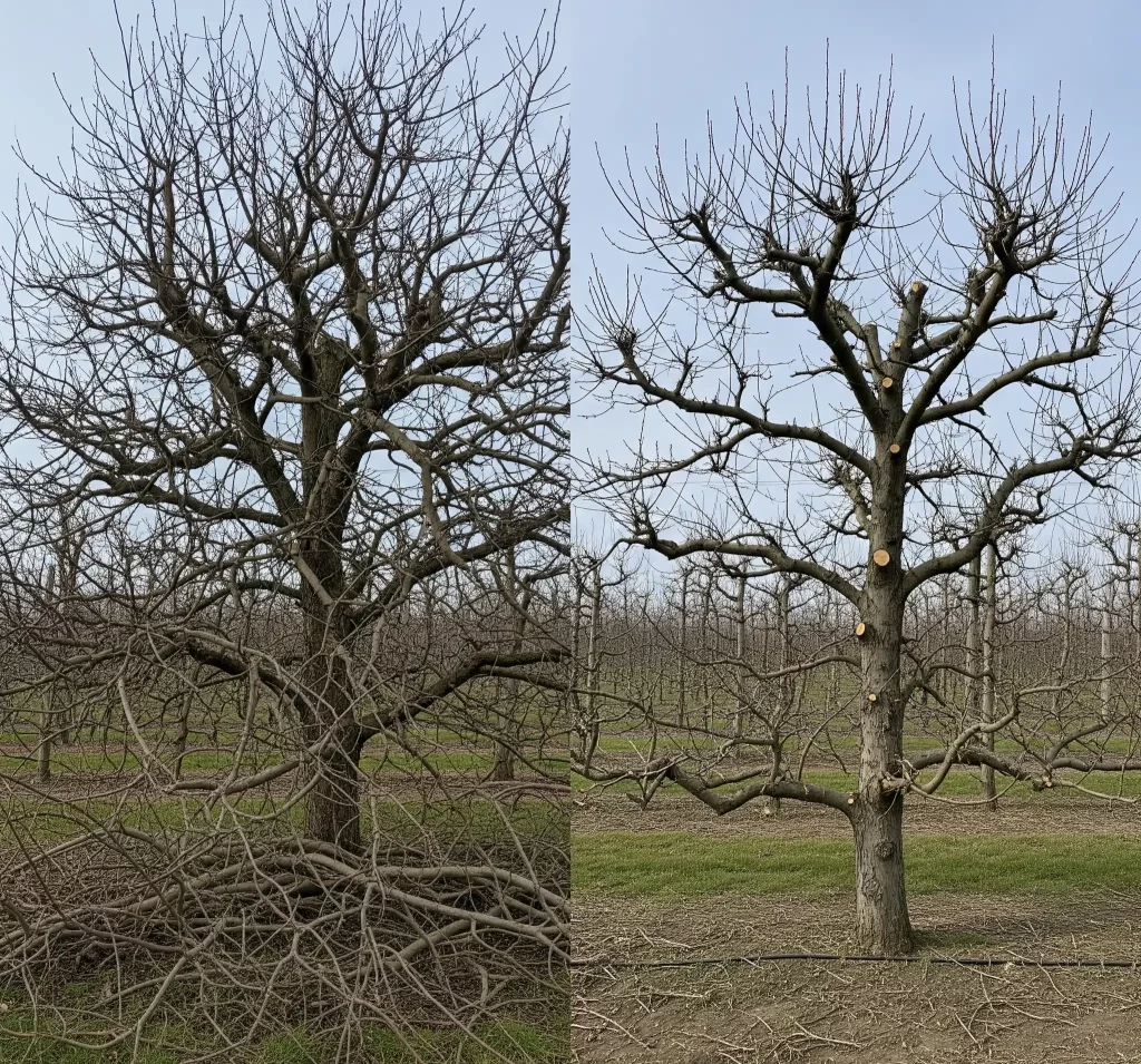 Side-by-side comparison of an unpruned apple tree and a properly pruned tree, illustrating improved structure and branch spacing.