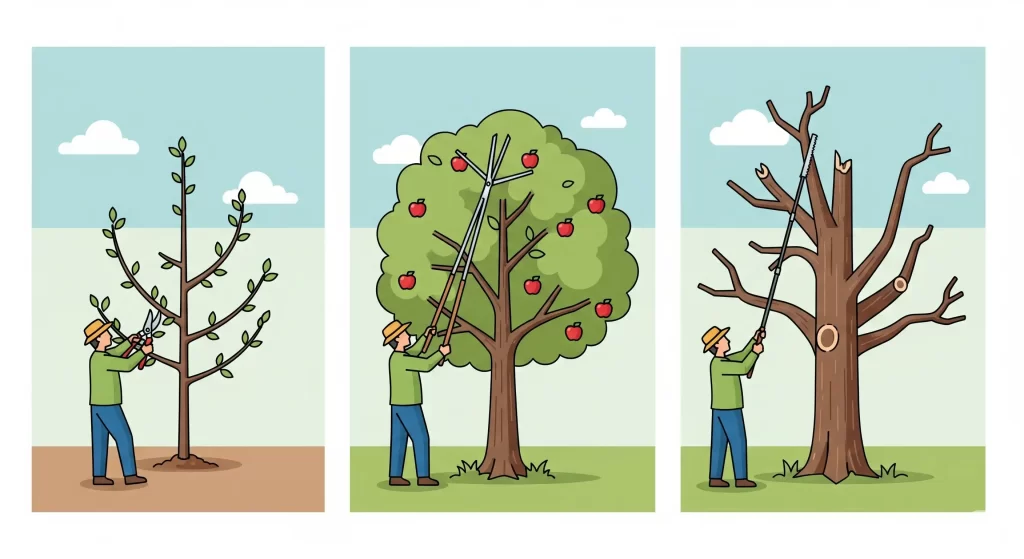 The image is showing Stages of apple tree pruning – young, mature, and overgrown trees with gardeners pruning
