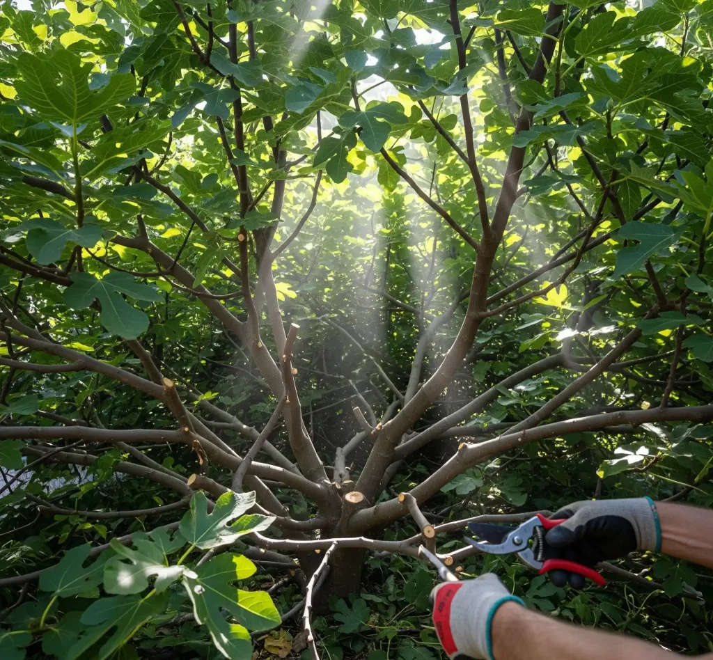 pruner using pruning shears to trim branches of a fig tree in a backyard