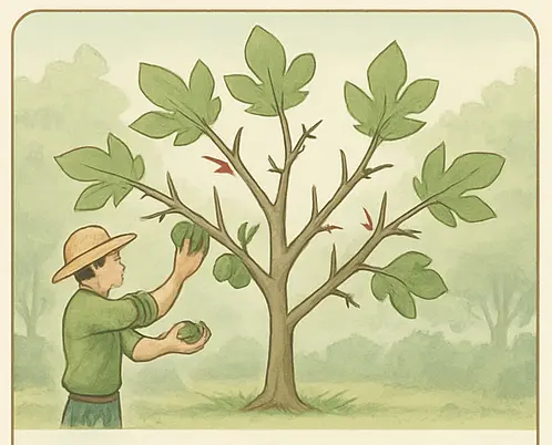 Gardener pruning a fig tree to keep branches within easy picking height.