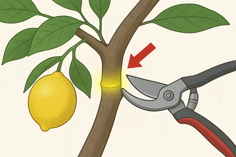 Diagram showing the branch collar, the swollen area where a branch joins the trunk, with a pruning cut made just outside it.