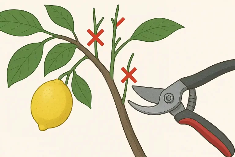 Diagram highlighting thin, vertical shoots (water sprouts) growing along a branch.