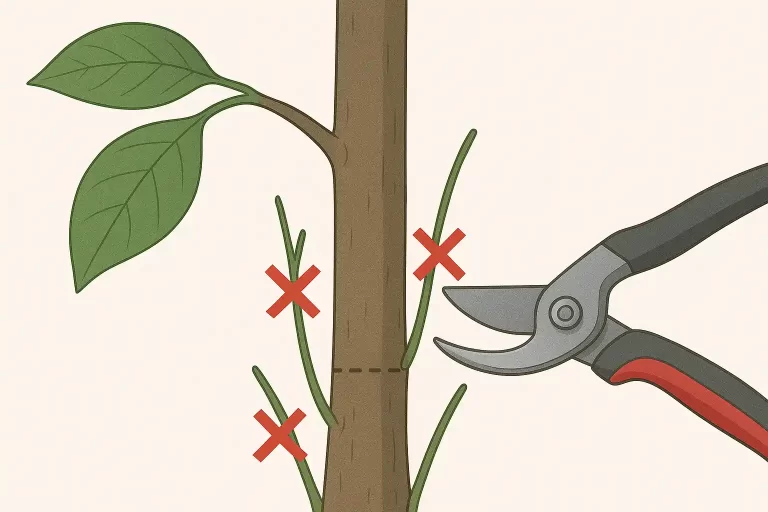 Diagram showing suckers growing from the base of a tree below the graft union.