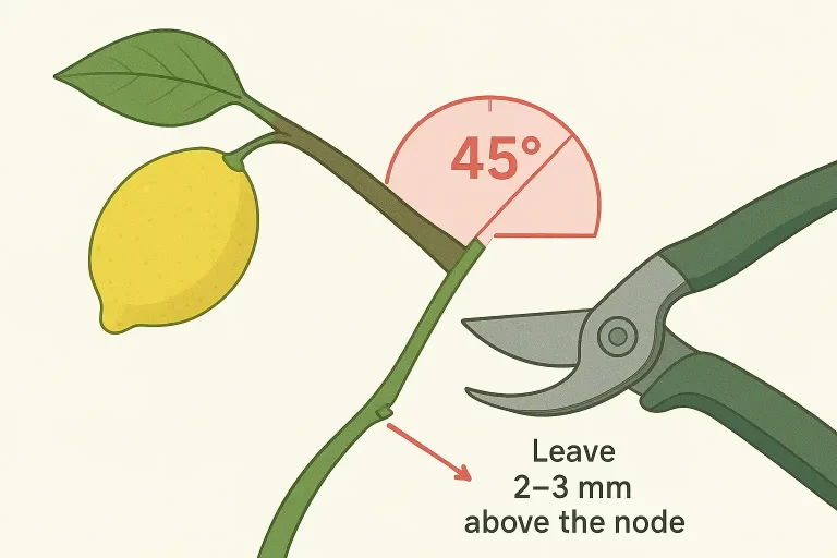 Diagram of a pruning cut made at a 45-degree angle above a bud, sloping away.