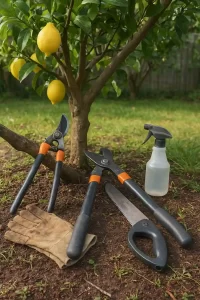 A set of gardening tools with a fresh lemon placed on a wooden surface, symbolizing freshness and natural gardening.