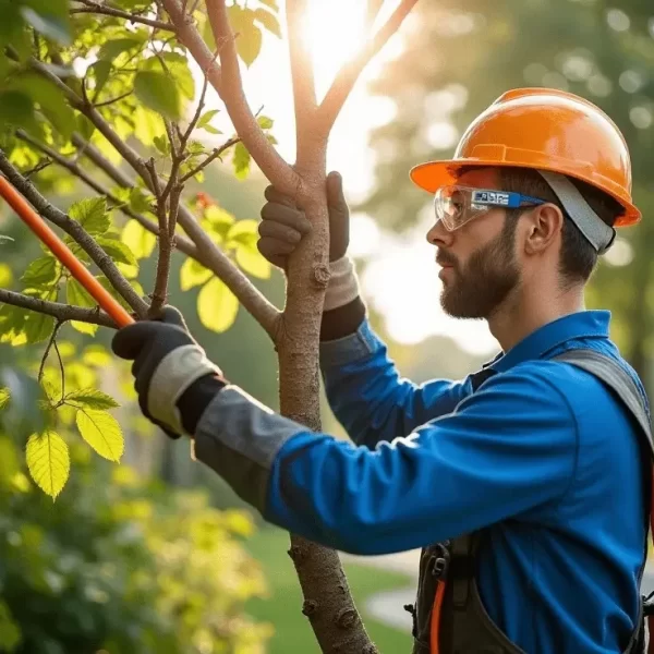 Worker Pruning Dead Branches From A Tree Using A Pole Pruner.