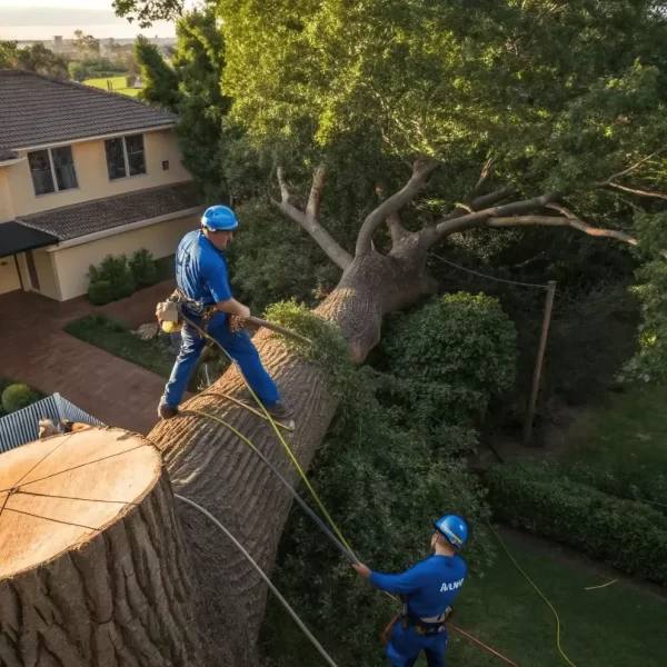 Tree Removal Crew Cutting Down A Tree In Stages Using Safety Gear.