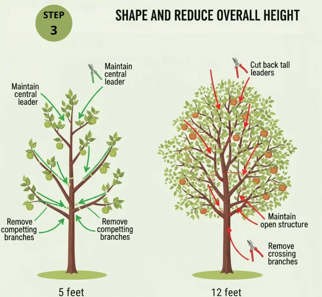Flat-style illustration of Step 3—shaping the apple tree by trimming tall or uneven growth to maintain balanced structure.