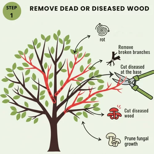 Flat-style infographic showing Step 1 of apple tree pruning—cutting dead or damaged branches using clean, sharp tools.