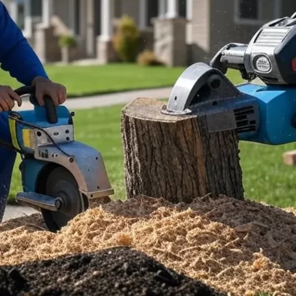 Stump Grinder Machine In Use, Turning Stump Into Mulch.