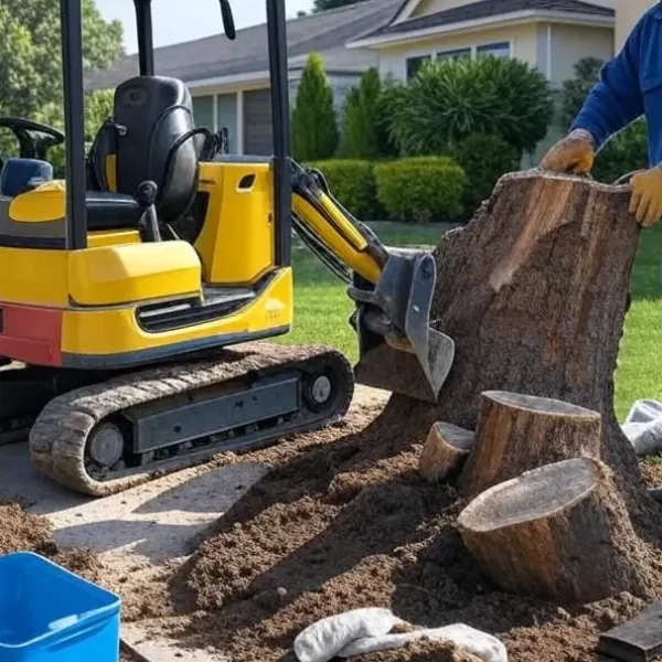 Landscaper Removing A Tree Stump With Specialized Tools In A Yard.